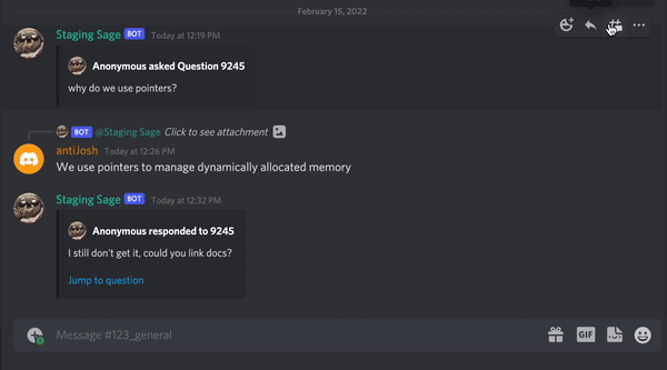 A gif of a student tagging a question by copying the message link and running the tagquestion command