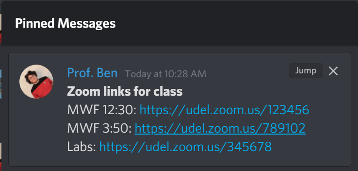 The pinned messages module containing an example pinned message.